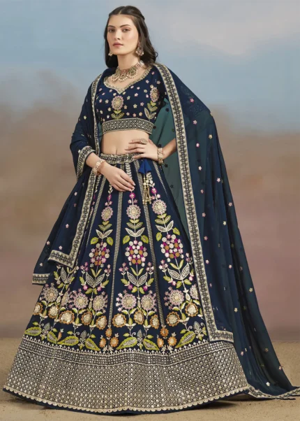 Navy Blue Georgette Embroidered Lehenga Choli