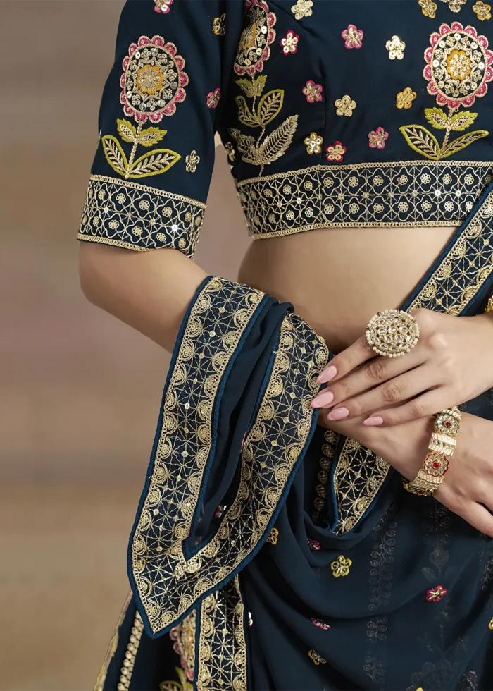 Navy Blue Georgette Embroidered Lehenga Choli