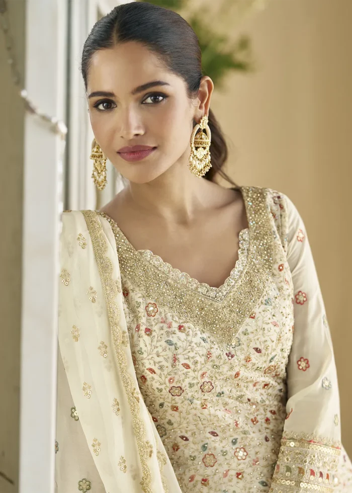Off White Georgette Palazzo Suit with Embroidery and Stone Work
