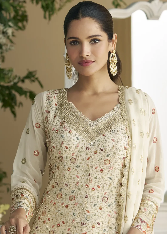 Off White Georgette Palazzo Suit with Embroidery and Stone Work