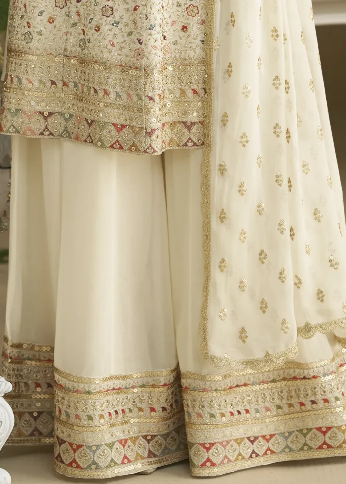 Off White Georgette Palazzo Suit with Embroidery and Stone Work
