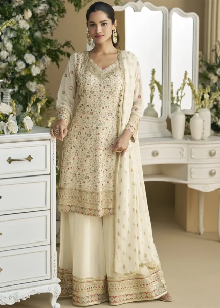 Off White Georgette Palazzo Suit with Embroidery and Stone Work