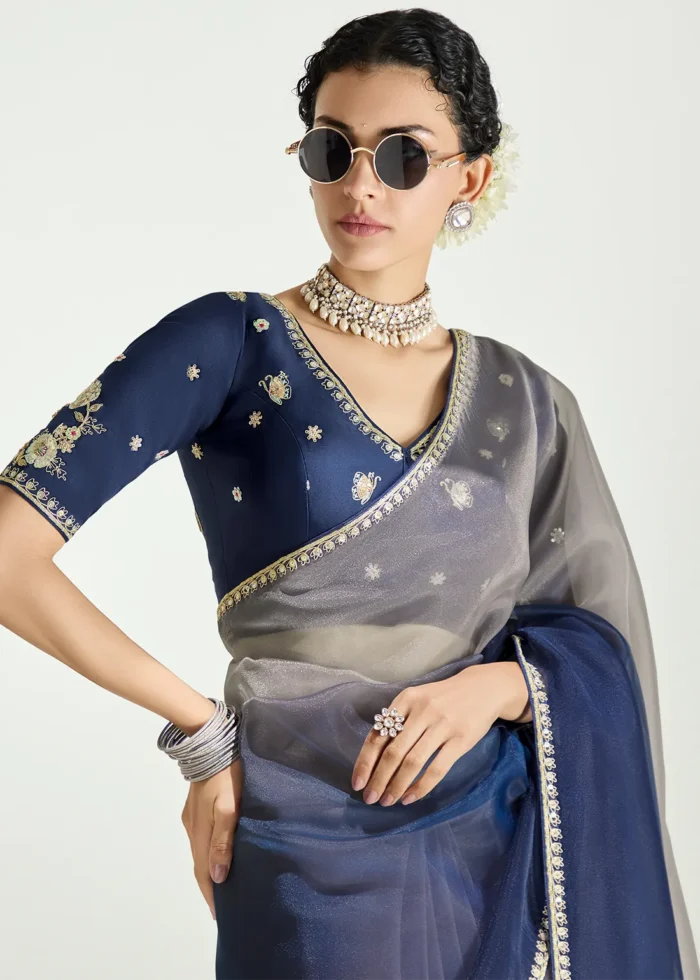 Ombré Blue and Gray Embroidered Organza Saree