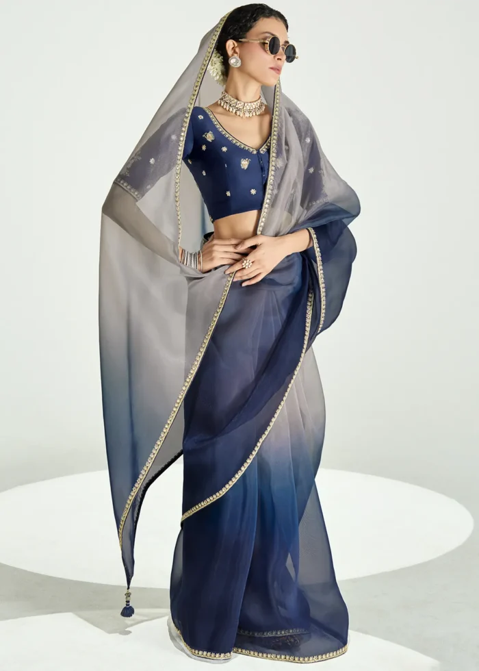 Ombré Blue and Gray Embroidered Organza Saree