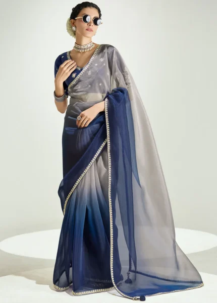 Ombré Blue and Gray Embroidered Organza Saree
