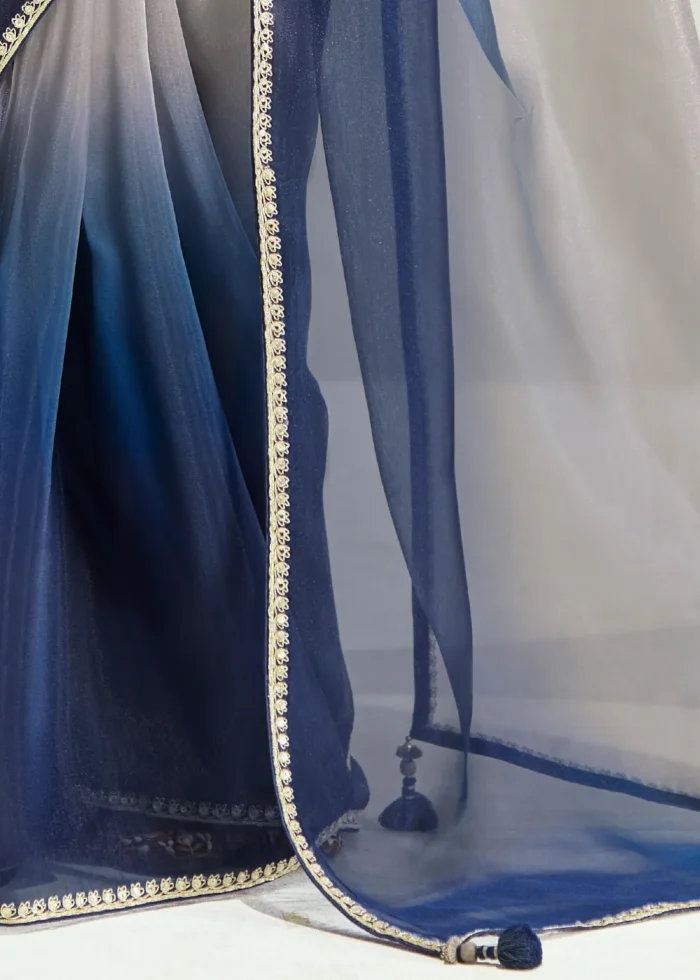 Ombré Blue and Gray Embroidered Organza Saree