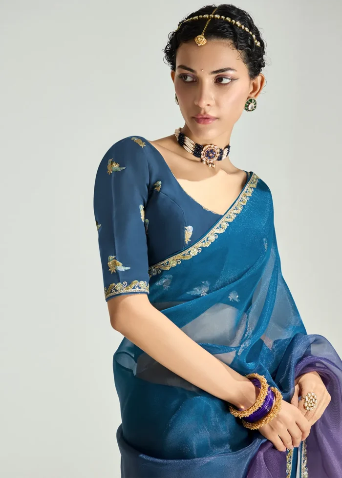Ombré Blue and Purple Embroidered Organza Saree