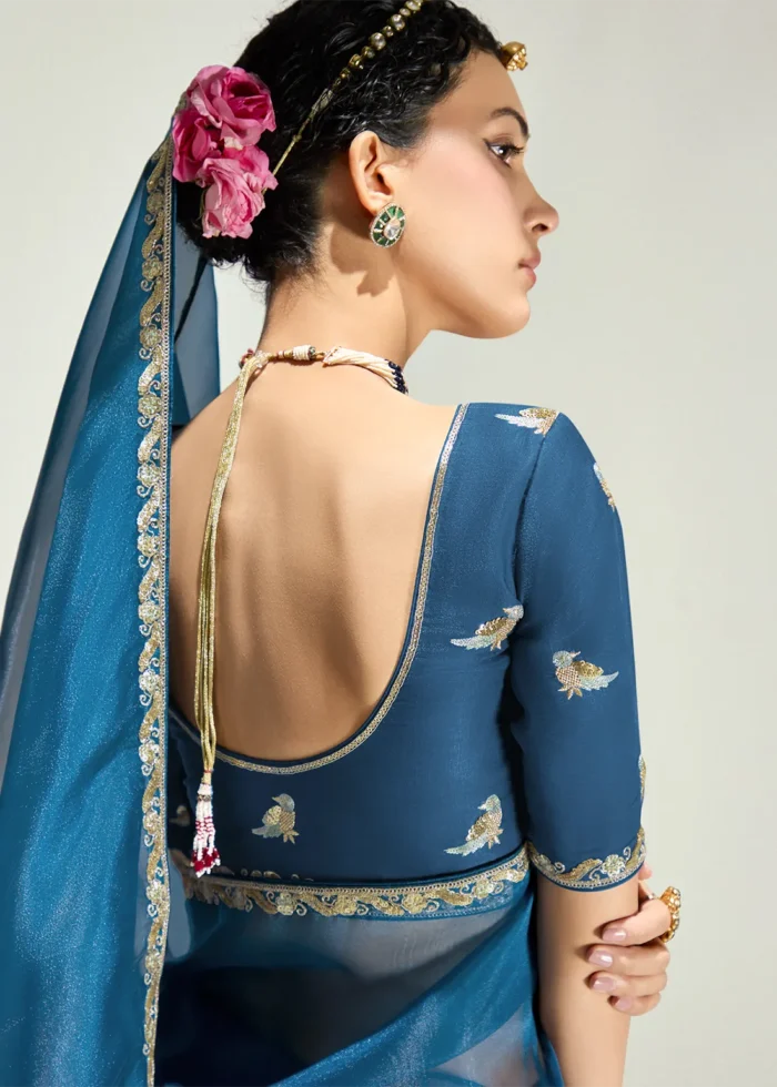 Ombré Blue and Purple Embroidered Organza Saree