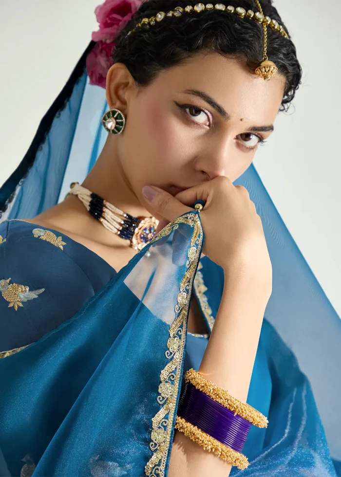 Ombré Blue and Purple Embroidered Organza Saree