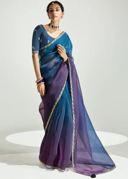 Ombré Blue and Purple Embroidered Organza Saree