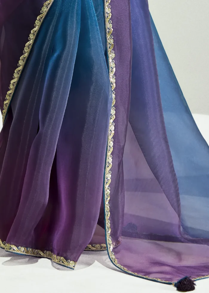 Ombré Blue and Purple Embroidered Organza Saree