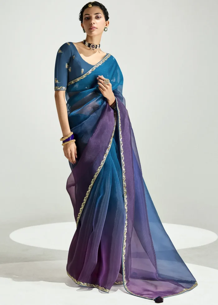 Ombré Blue and Purple Embroidered Organza Saree