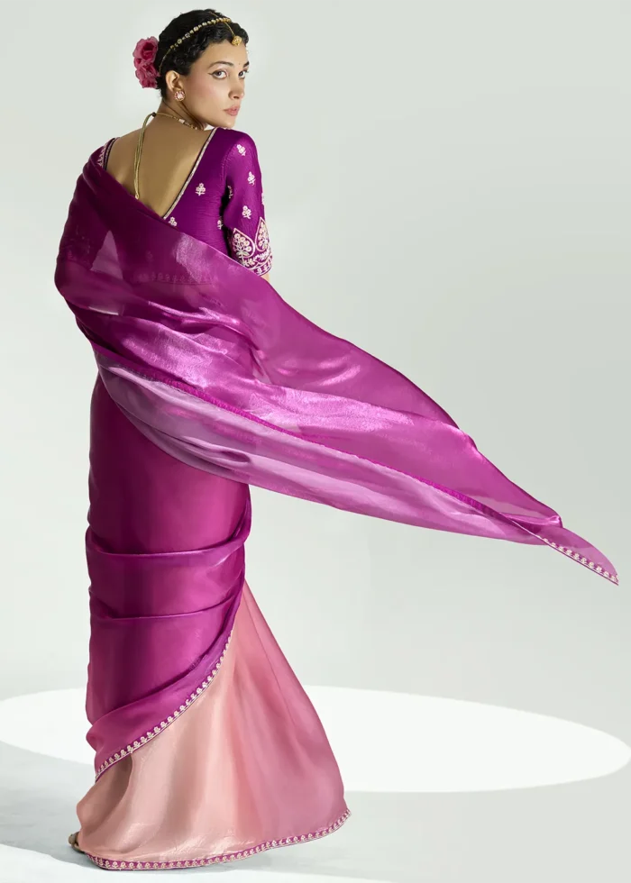 Ombré Magenta Embroidered Organza Saree