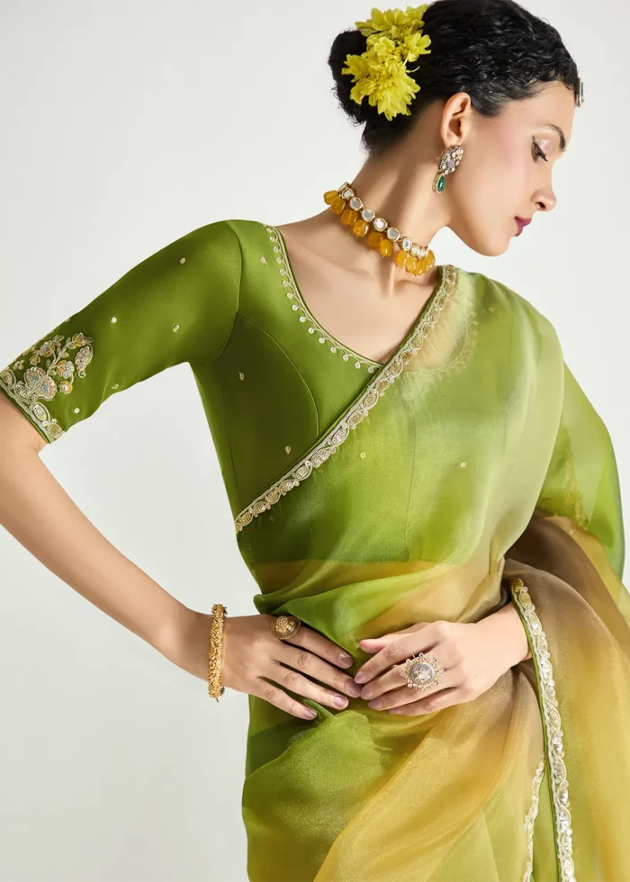 Ombré Olive Green Embroidered Organza Saree