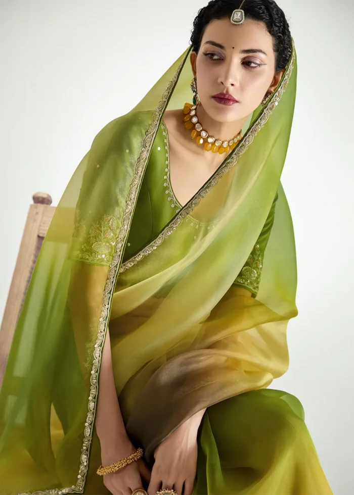 Ombré Olive Green Embroidered Organza Saree