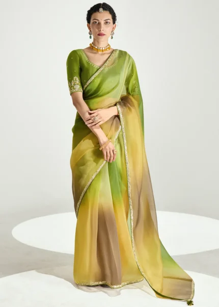 Ombré Olive Green Embroidered Organza Saree