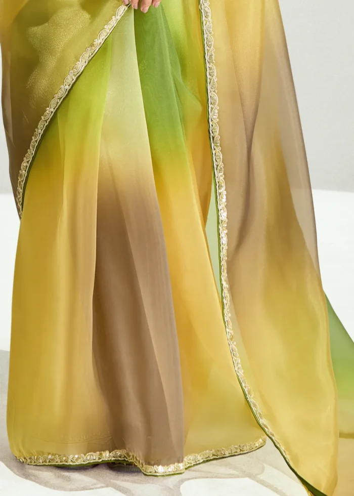 Ombré Olive Green Embroidered Organza Saree
