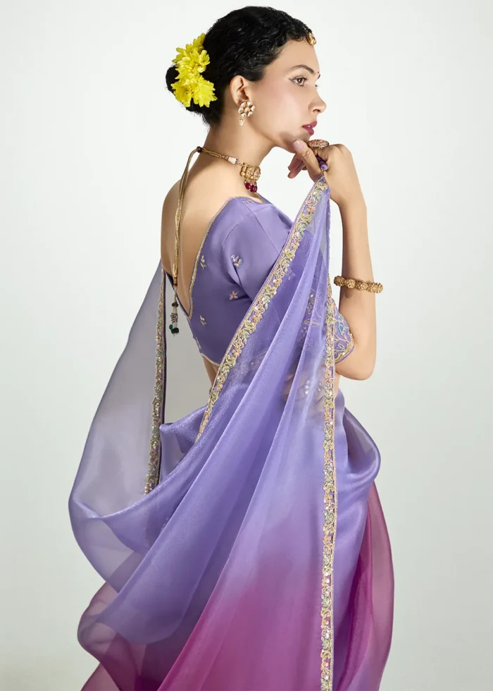 Ombré Purple Embroidered Organza Saree