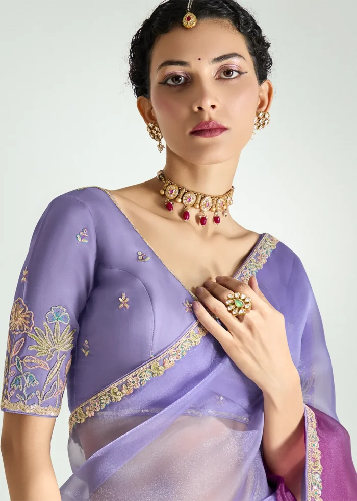 Ombré Purple Embroidered Organza Saree