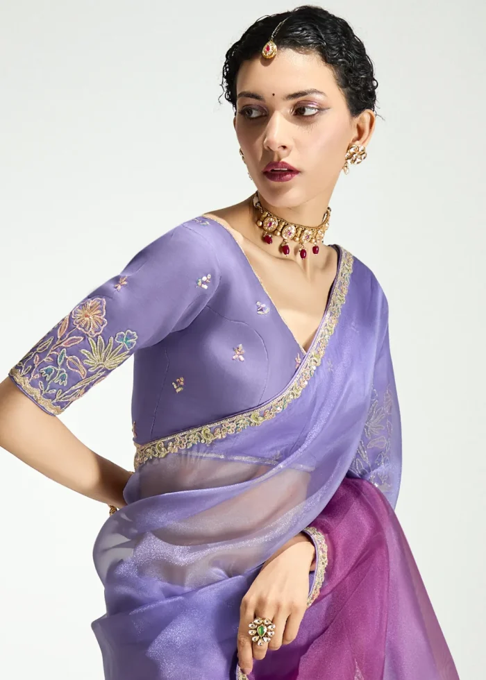 Ombré Purple Embroidered Organza Saree