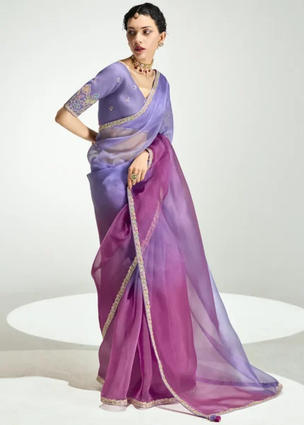 Ombré Purple Embroidered Organza Saree