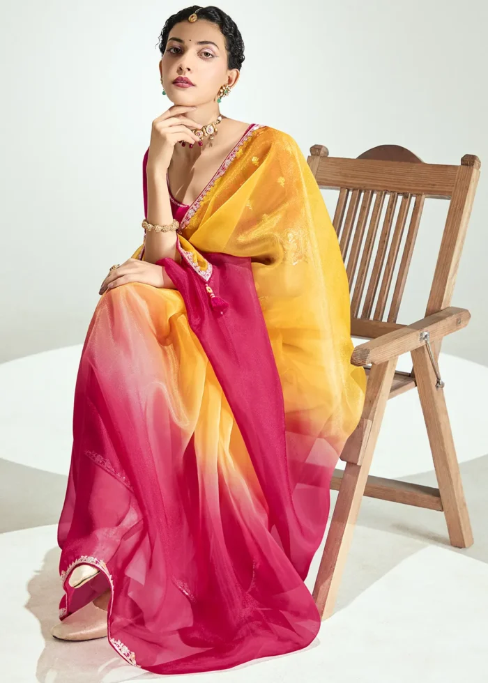 Ombré Red and Yellow Embroidered Organza Saree