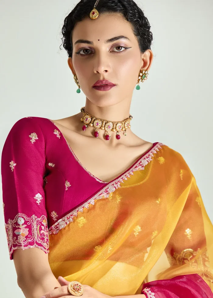 Ombré Red and Yellow Embroidered Organza Saree