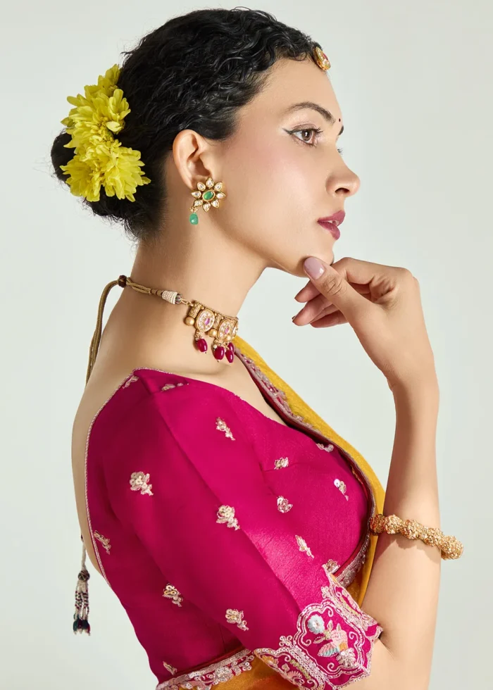 Ombré Red and Yellow Embroidered Organza Saree