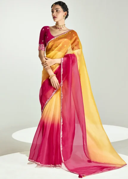 Ombré Red and Yellow Embroidered Organza Saree