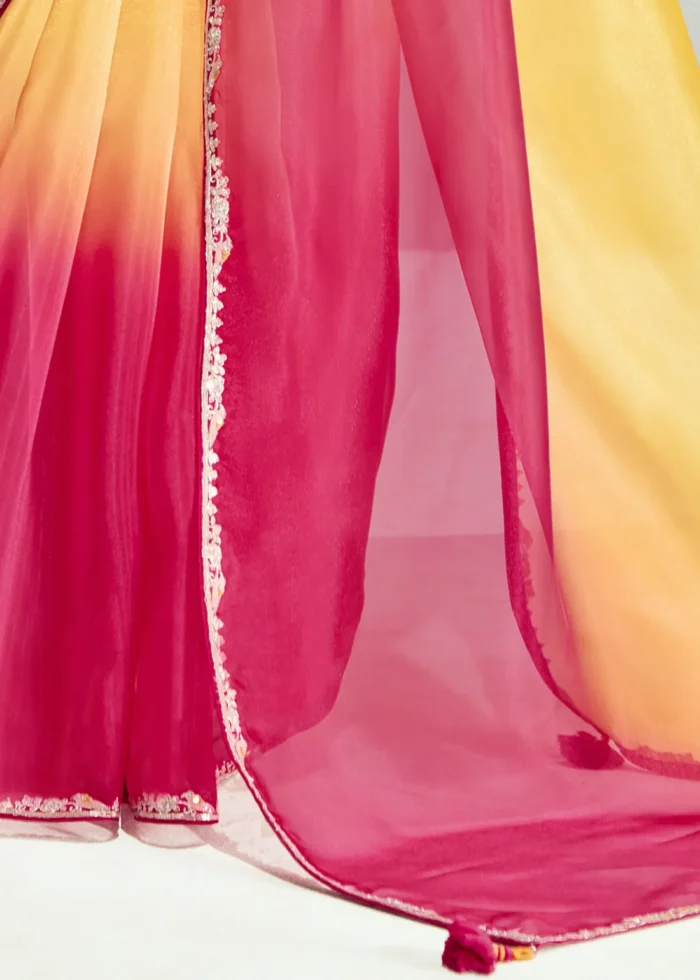 Ombré Red and Yellow Embroidered Organza Saree