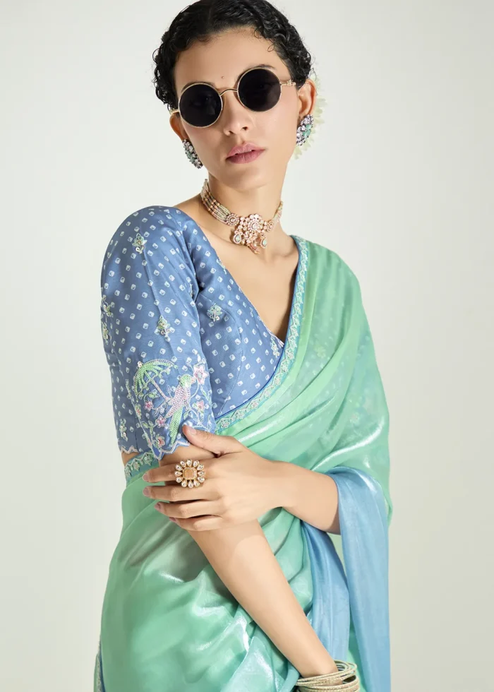 Ombré Sea Green Embroidered Organza Saree