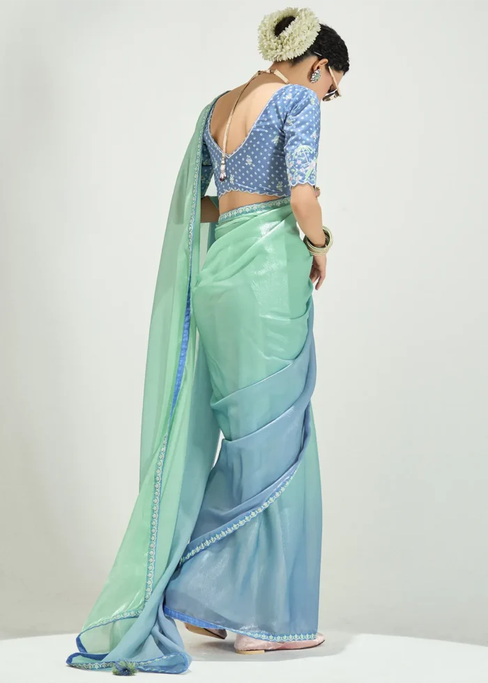 Ombré Sea Green Embroidered Organza Saree