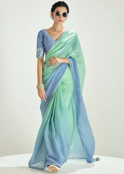 Ombré Sea Green Embroidered Organza Saree