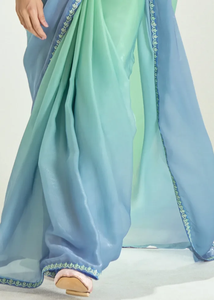 Ombré Sea Green Embroidered Organza Saree