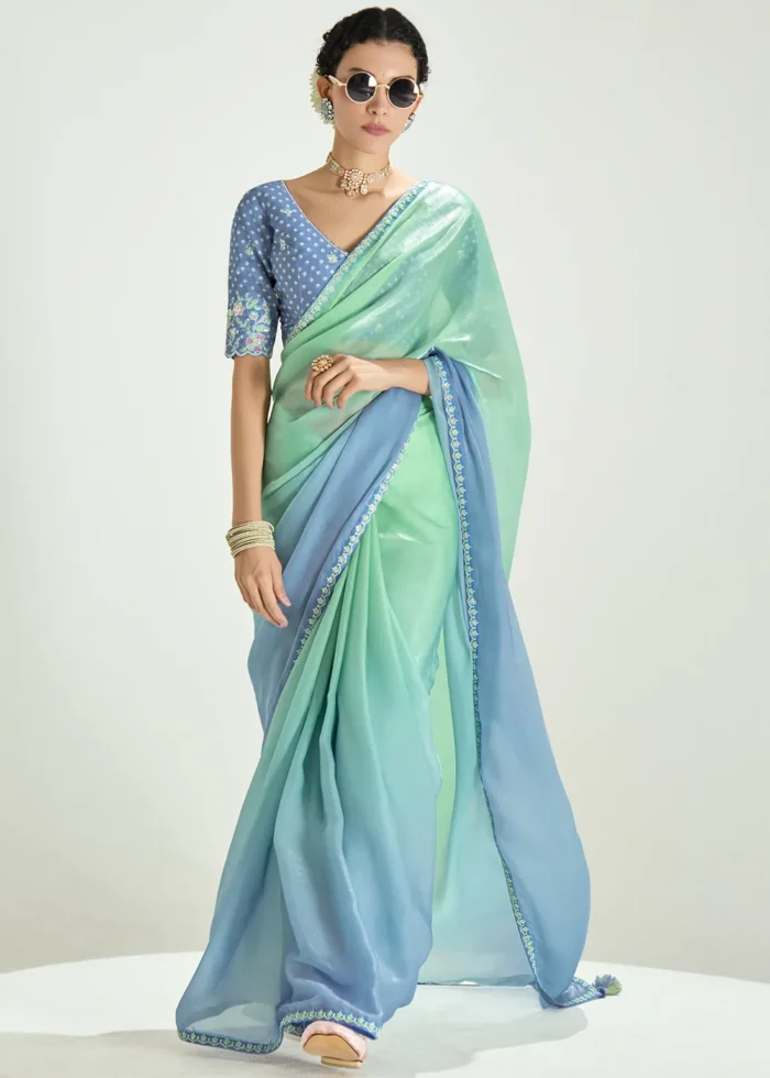 Ombré Sea Green Embroidered Organza Saree