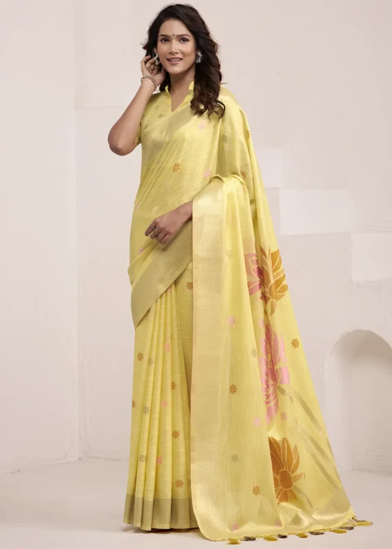 Pastel Yellow Woven Linen Silk Saree with Floral Motifs