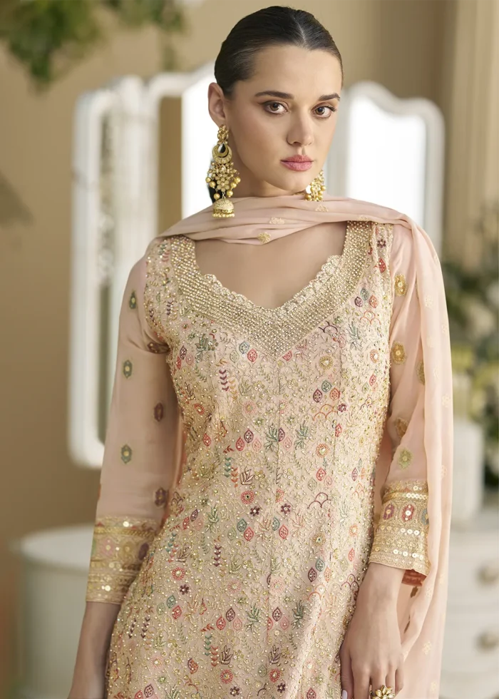 Peach Georgette Palazzo Suit with Embroidery and Stone Work