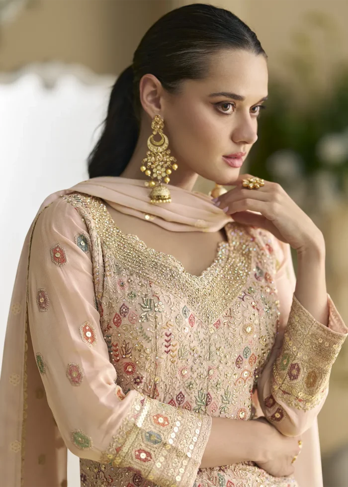 Peach Georgette Palazzo Suit with Embroidery and Stone Work