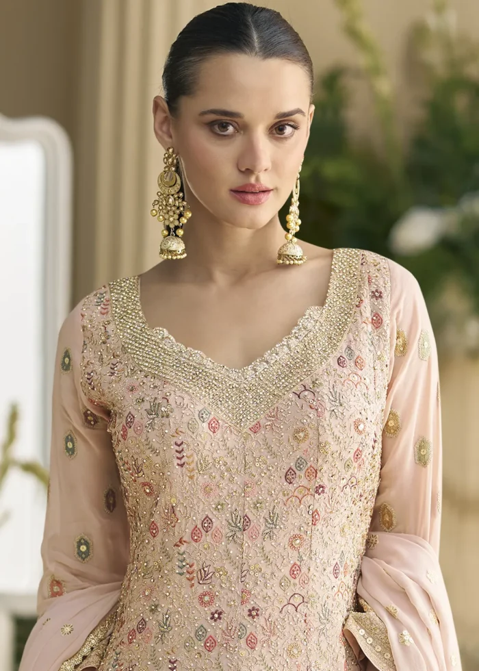 Peach Georgette Palazzo Suit with Embroidery and Stone Work