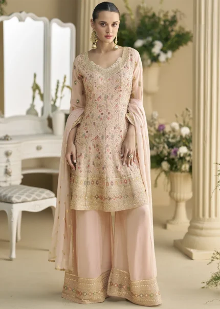 Peach Georgette Palazzo Suit with Embroidery and Stone Work