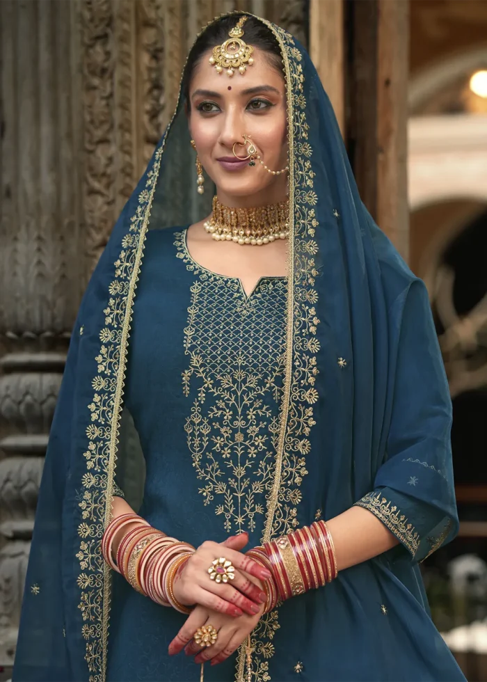 Peacock Blue Silk Patiala Suit with Embroidery Work