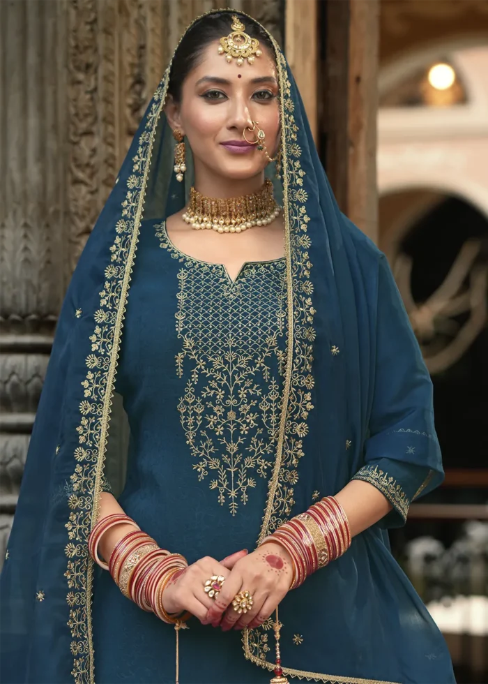 Peacock Blue Silk Patiala Suit with Embroidery Work