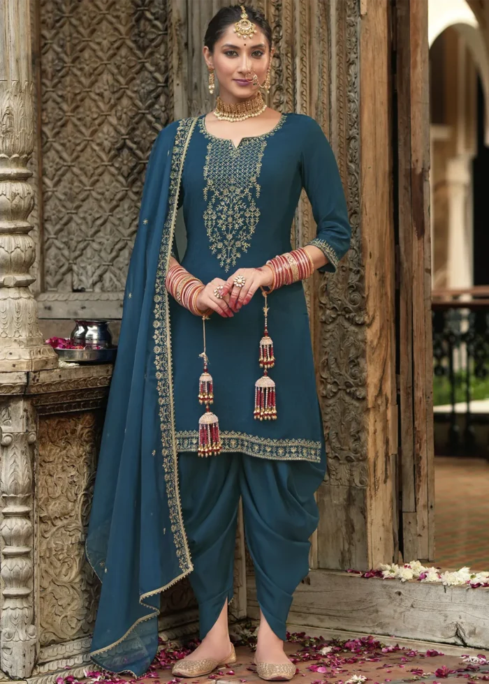 Peacock Blue Silk Patiala Suit with Embroidery Work