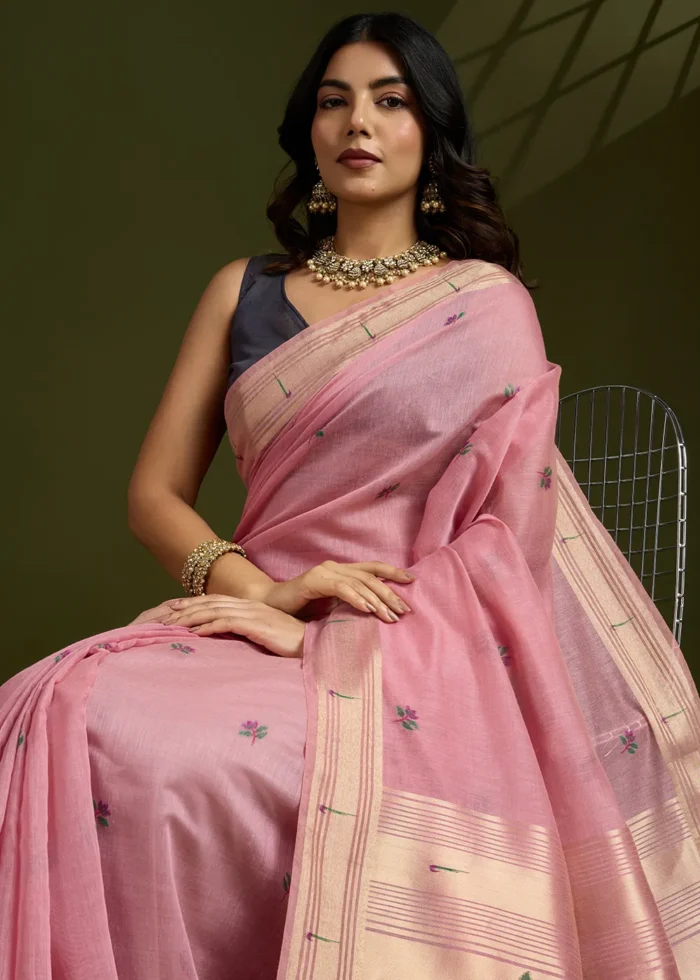 Pink Muga Cotton Paithani Saree with Navy Blue Blouse