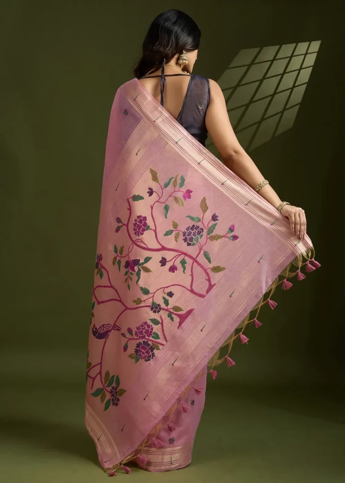 Pink Muga Cotton Paithani Saree with Navy Blue Blouse