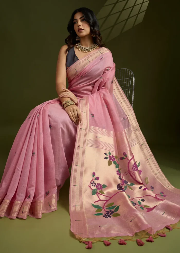 Pink Muga Cotton Paithani Saree with Navy Blue Blouse