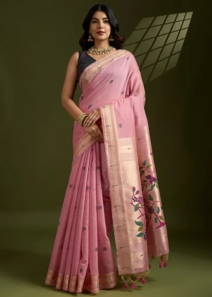 Pink Muga Cotton Paithani Saree with Navy Blue Blouse