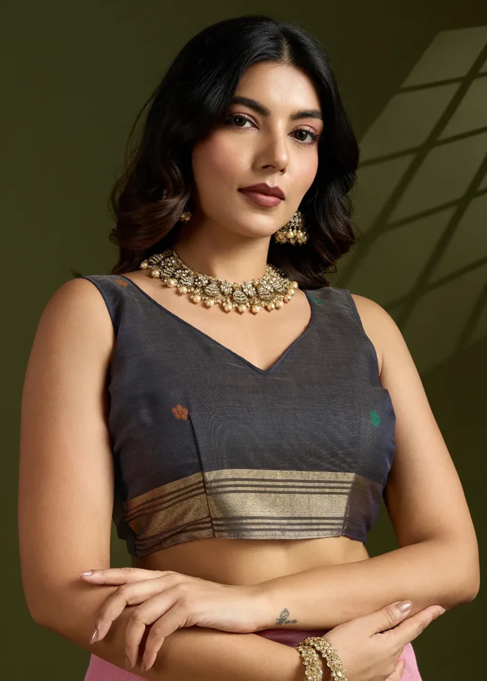 Pink Muga Cotton Paithani Saree with Navy Blue Blouse