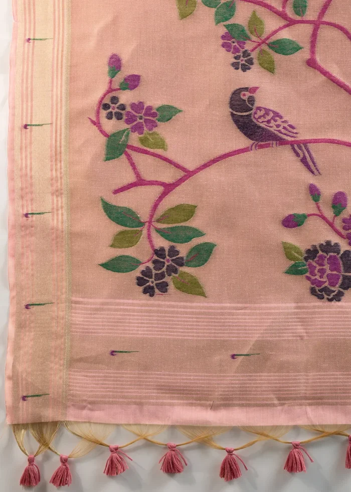 Pink Muga Cotton Paithani Saree with Navy Blue Blouse