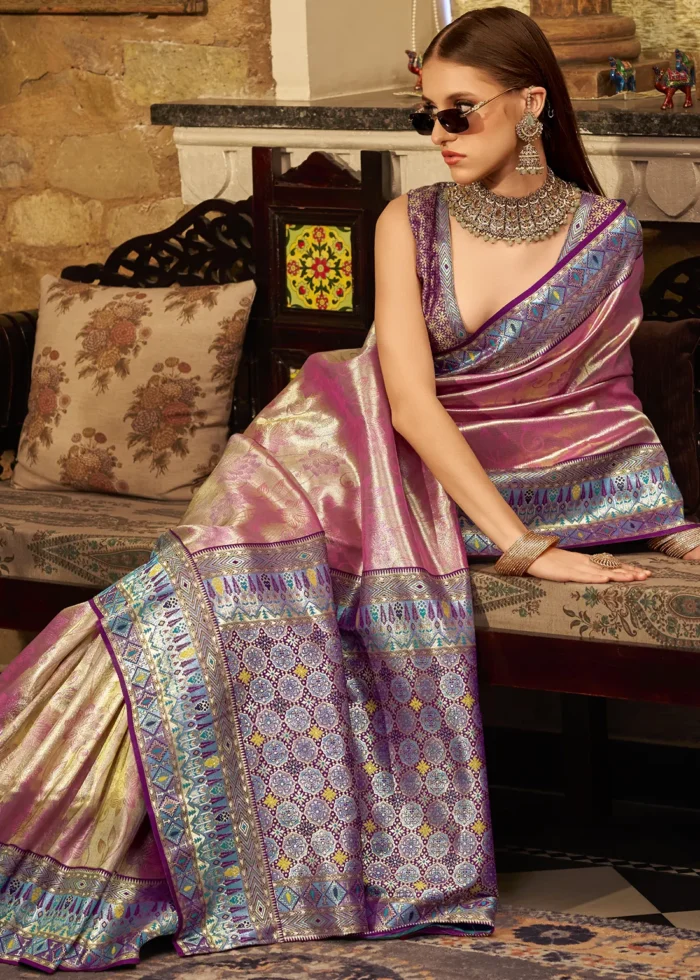Pink Paithani Silk Saree with Purple Blouse